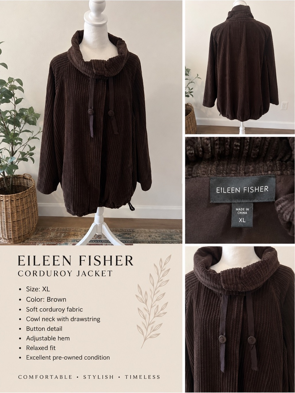 Eileen Fisher Corduroy Brown Jacket Size XL